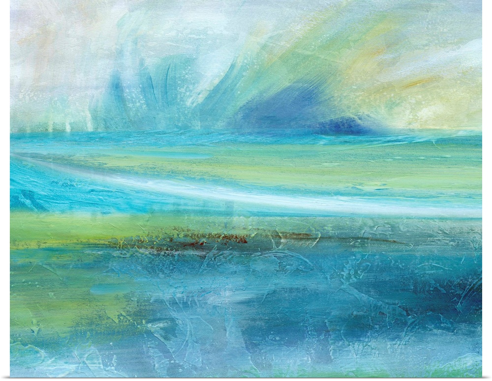 Contemporary painting of an abstract seascape with a big splash of water at the top in shades of blue and green.