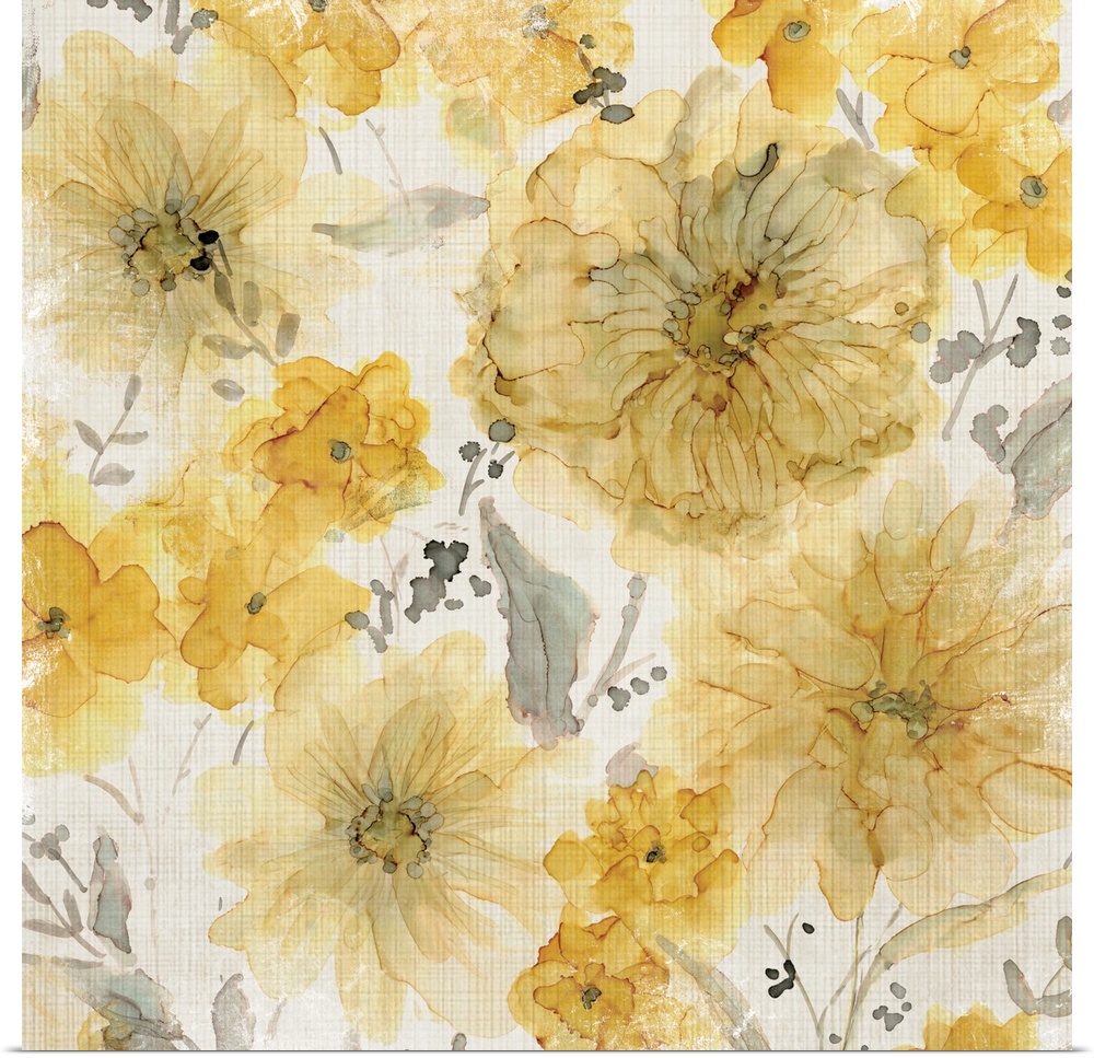 Yellow flowers with gray stems and leaves on a white background with a very thin checkered pattern.