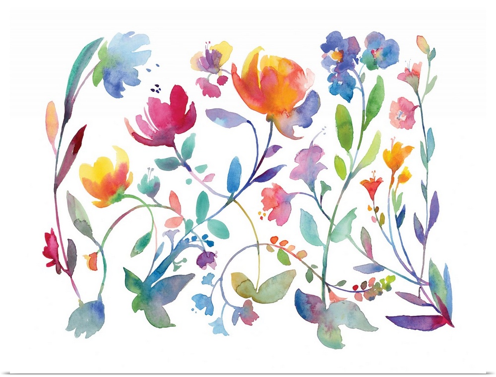 Large watercolor painting with colorful abstract flowers on a solid white background.