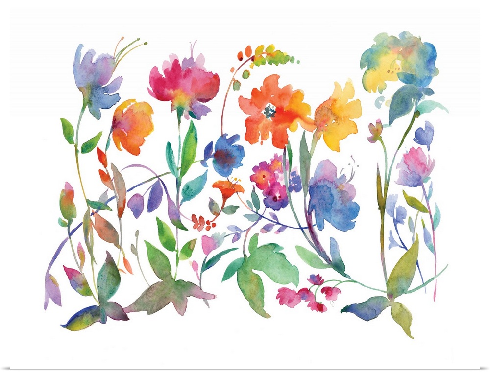 Large watercolor painting with colorful abstract flowers on a solid white background.