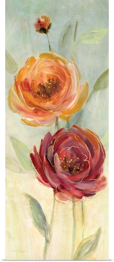 Large panel painting of an orange and a red poppy flower with gold highlights on a light earth toned background.