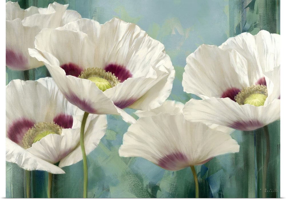 Contemporary painting of flower blossoms on an abstract background.
