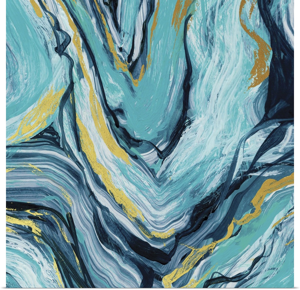 Abstract art of teal, blue, and gold agate.