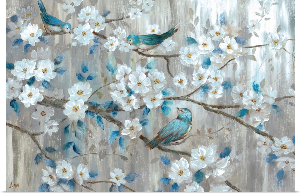 A sweet scene of three blue birds sitting among the branches of a tree laden with white blossoms. The neutral colorscheme ...