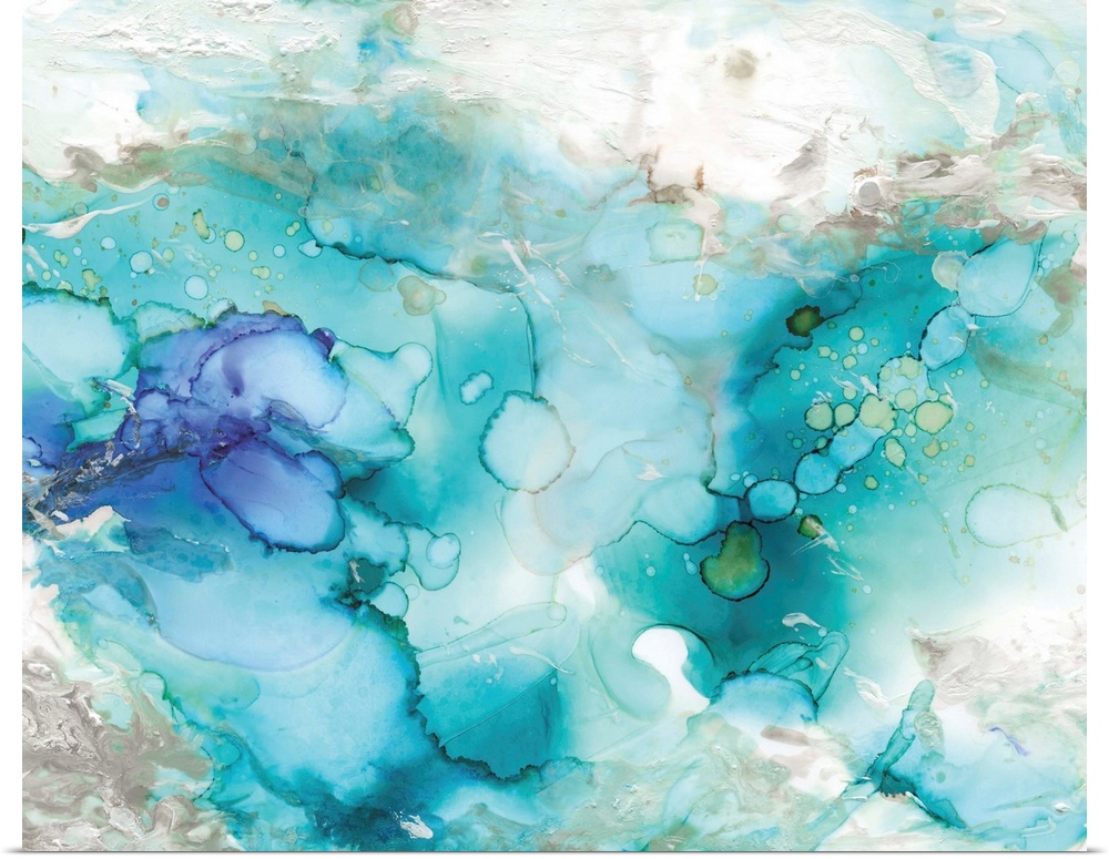 Large abstract watercolor painting in shades of blue, grey, and green marbling together.