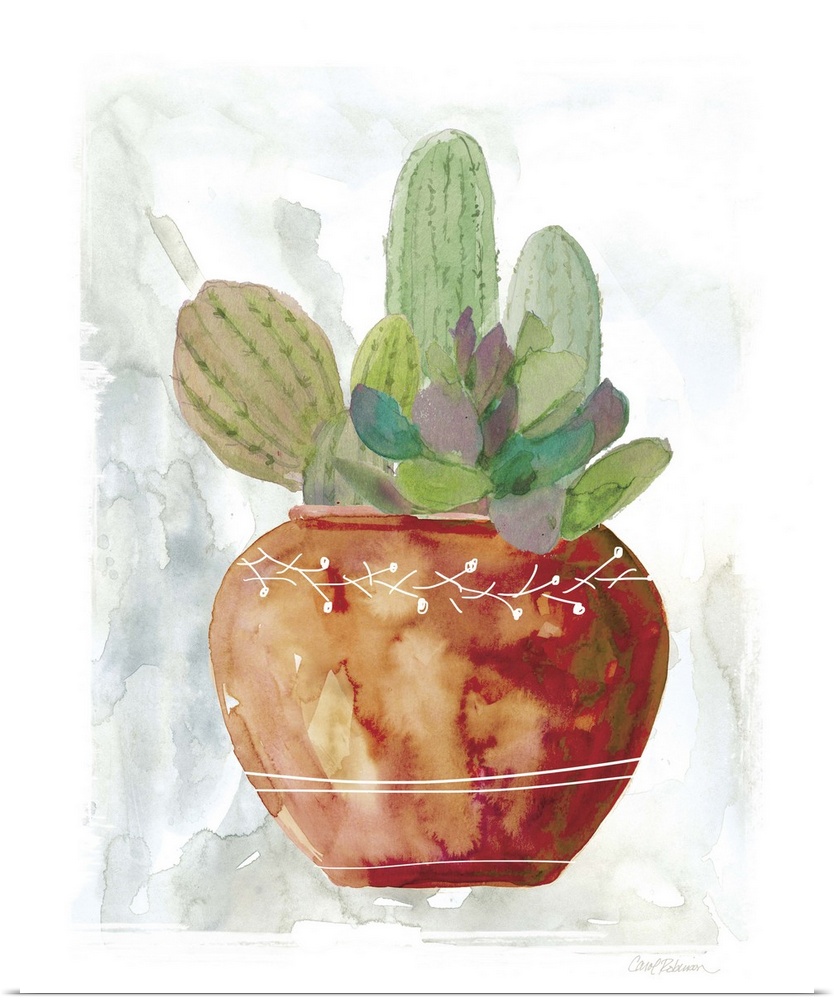A watercolor painting of cacti and succulents.