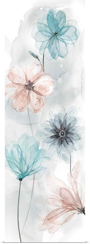 Panel watercolor painting of transparent looking flowers in shades of pink and blue.
