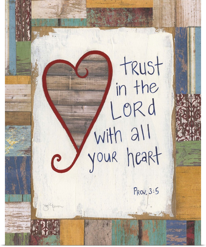 The verse from Proverbs 3:5 painted on a multicolored wood background with a red outlined wooden heart.