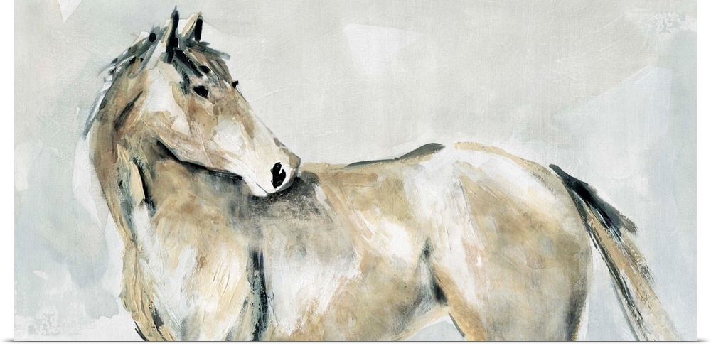 Dry brushstrokes in subdued colors illustrate a horse turning to look behind in this painting.
