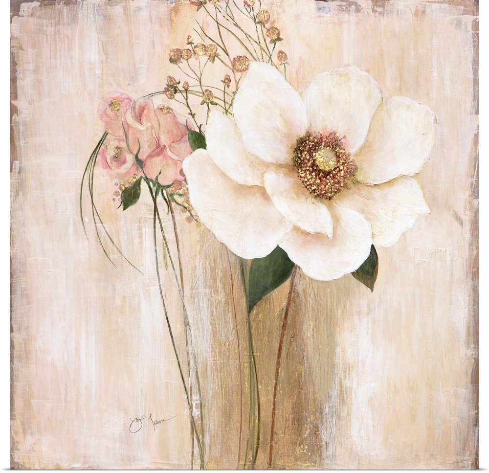 Enchanting painting of white, pink, and gold florals on a soft textured background.