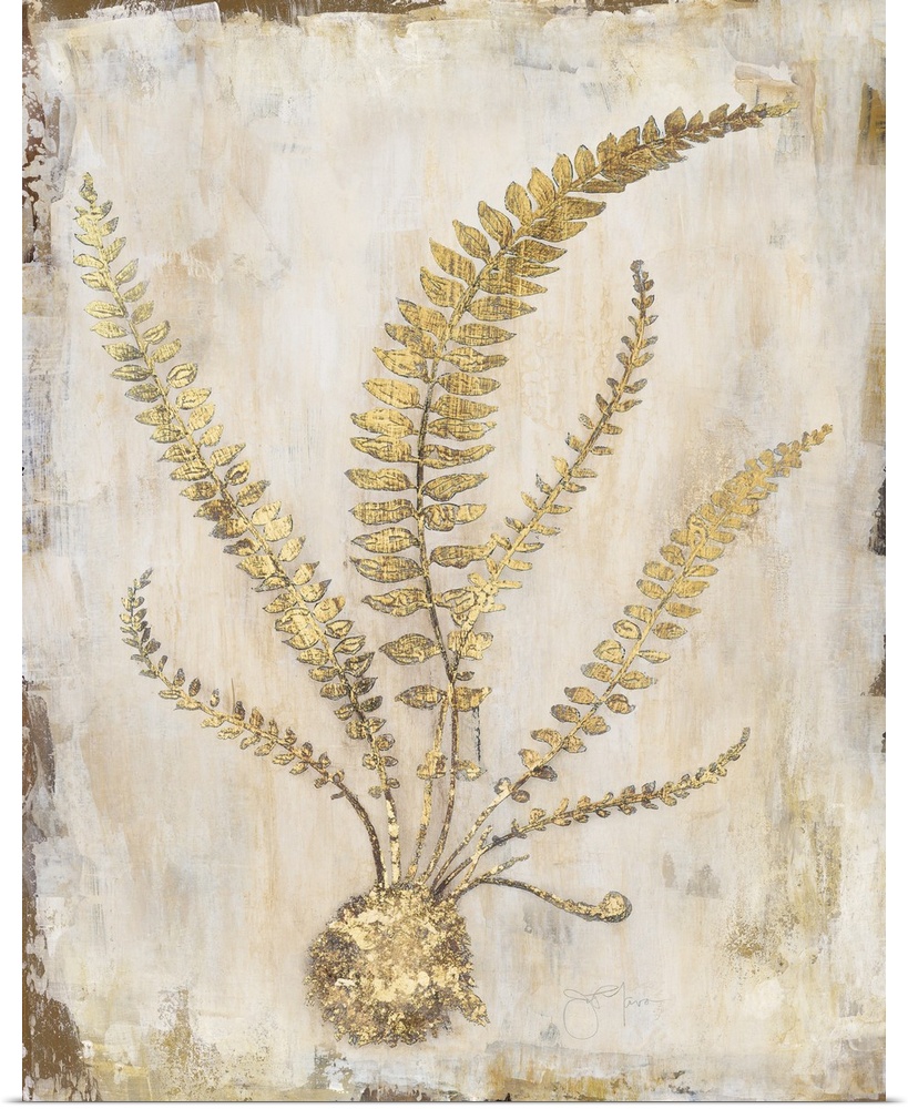 Gold and cream decor with fern fronds spreading in all directions.