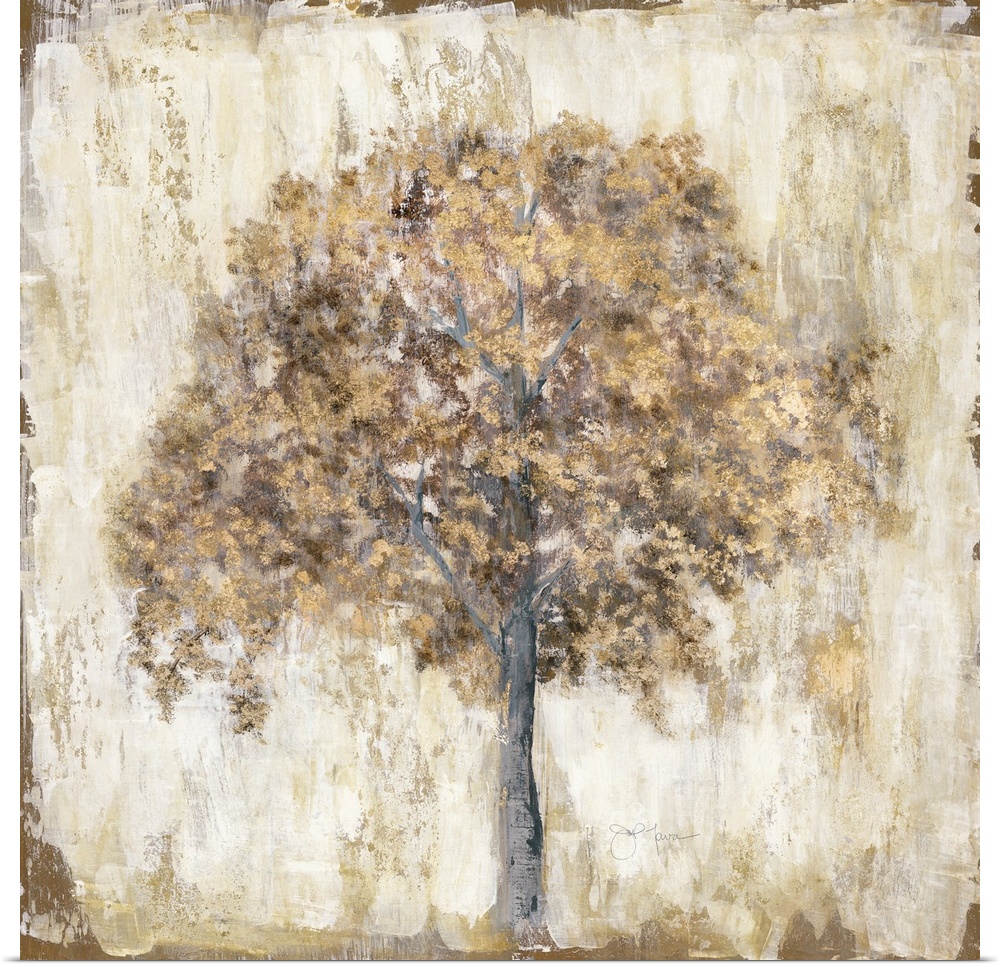 Metallic gold and brown tree on a rustic cream background.