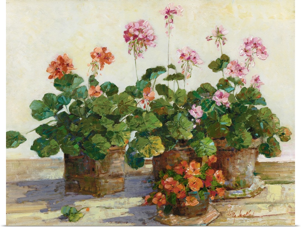 Dynamic brush strokes create potted plants and flowers sitting on a veranda in Positano, Italy.
