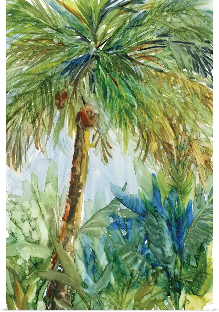 Watercolor painting of a tropical palm tree landscape in shades of green, blue, yellow, and brown.