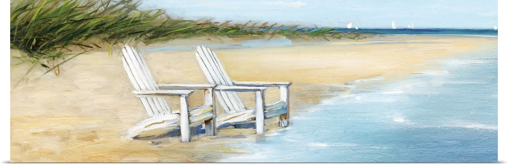 Contemporary painting of two white beach chairs at the edge of the ocean on the coast.