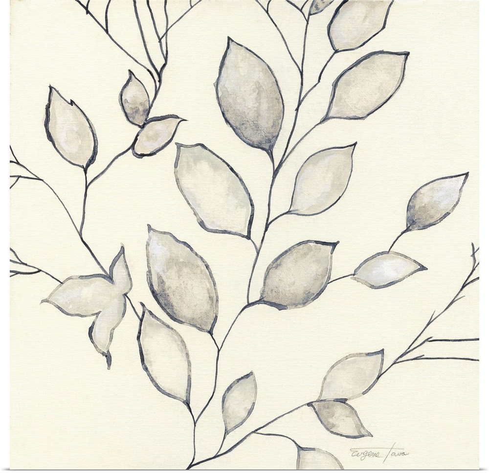 Square painting of leaves with thin branches in shades of white and grey.