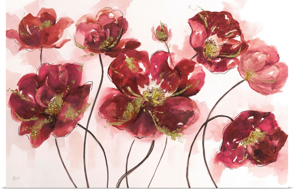 Ruby red watercolor poppy flowers with metallic gold highlights on a white background with faded red watercolor.