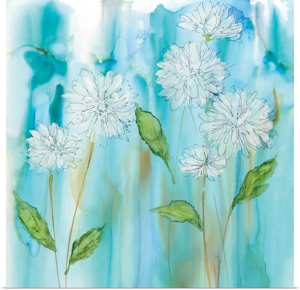 Black and white illustrated flowers with long stems and green leaves on a blue watercolor background.