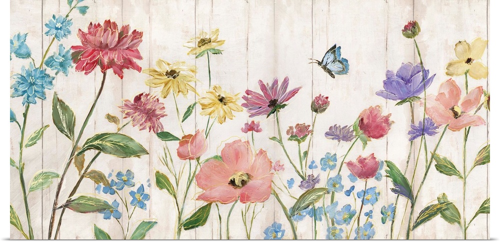 Large painting of colorful wildflowers and a butterfly flying overhead on a faux wood background with metallic gold outlines.