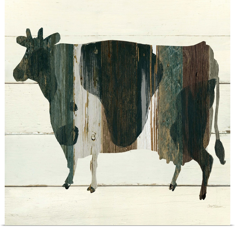 A painting of a cow using multicolored stained wood placed on a white wooden background.