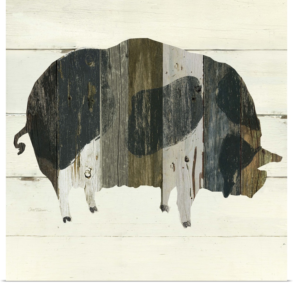 A painting of a pig using multicolored stained wood placed on a white wooden background.