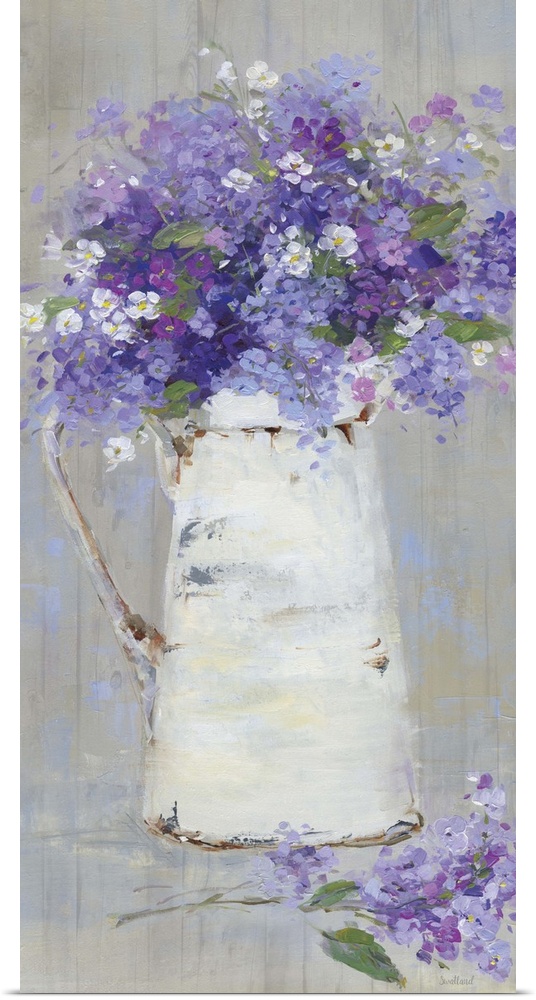 A contemporary still life painting of a bouquet of purple and pink flowers arranged in a white pitcher with a wood grained...