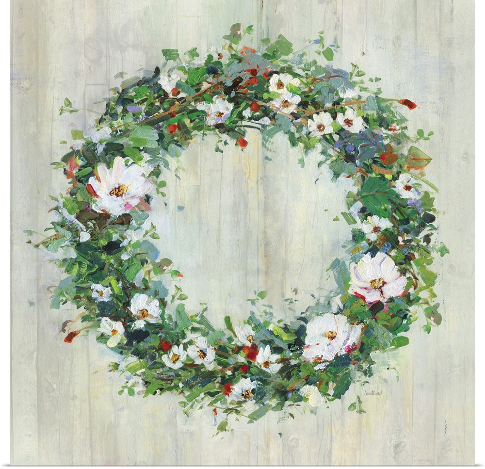 A contemporary painting of a green wreath covered in white and red flowers on a wood background.