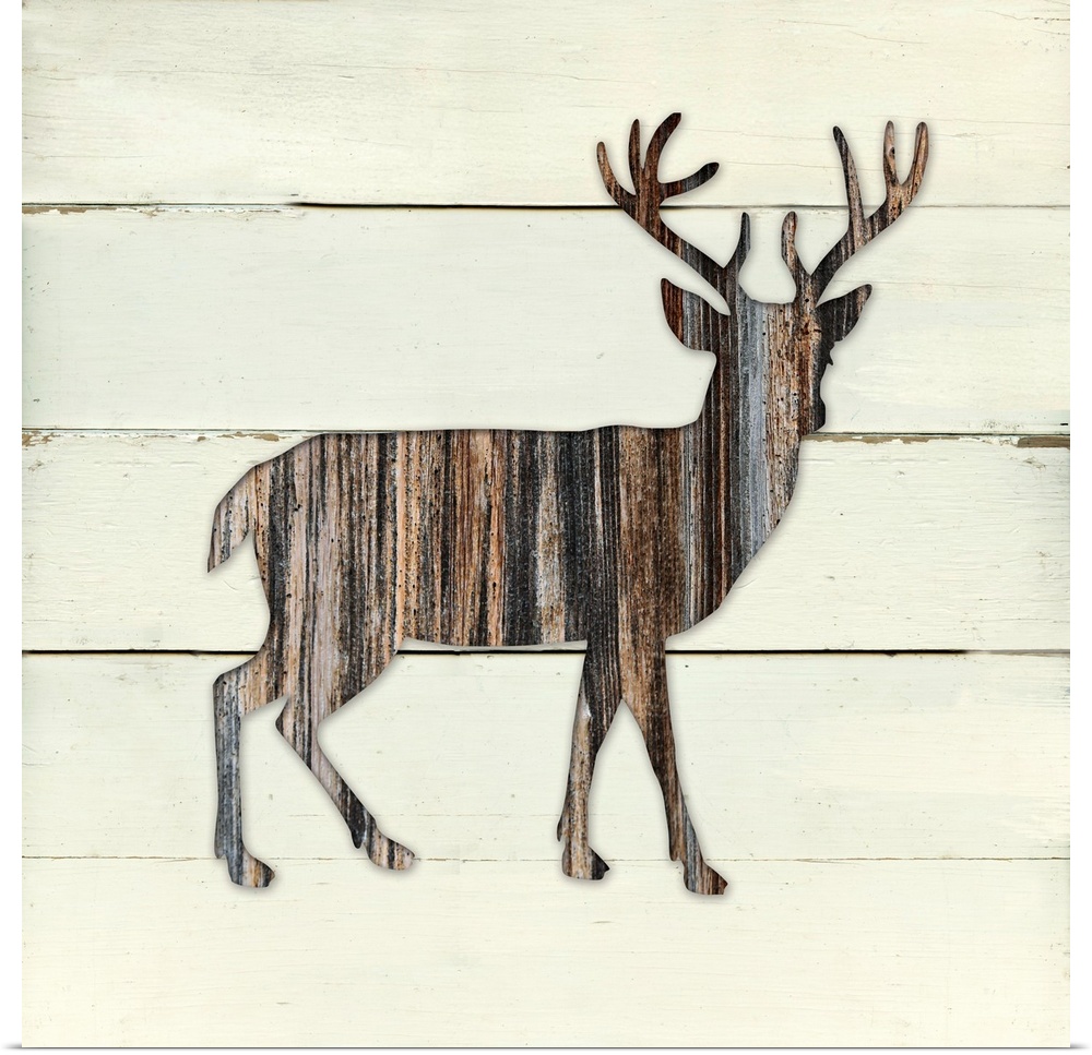 Square decor of a dark brown wooden silhouette of a deer on a white wooden plant background.