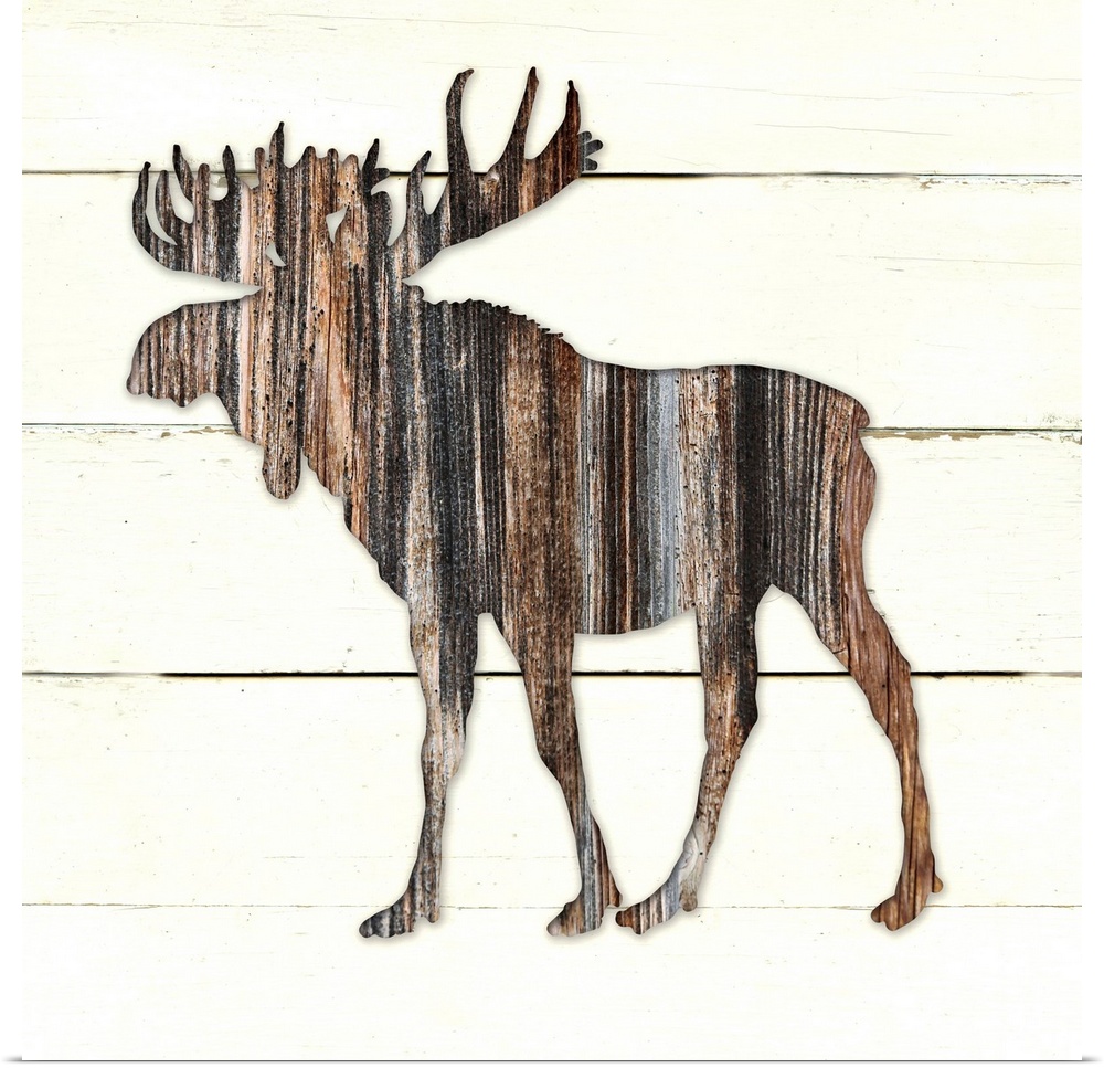 Square decor of a dark brown wooden silhouette of a moose on a white wooden plant background.