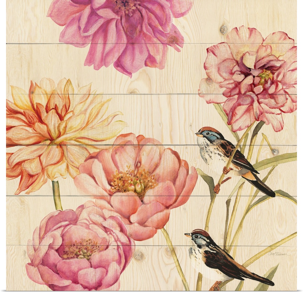 Square painting of orange and pink flowers with two birds perched on the stems on a wood grain background.