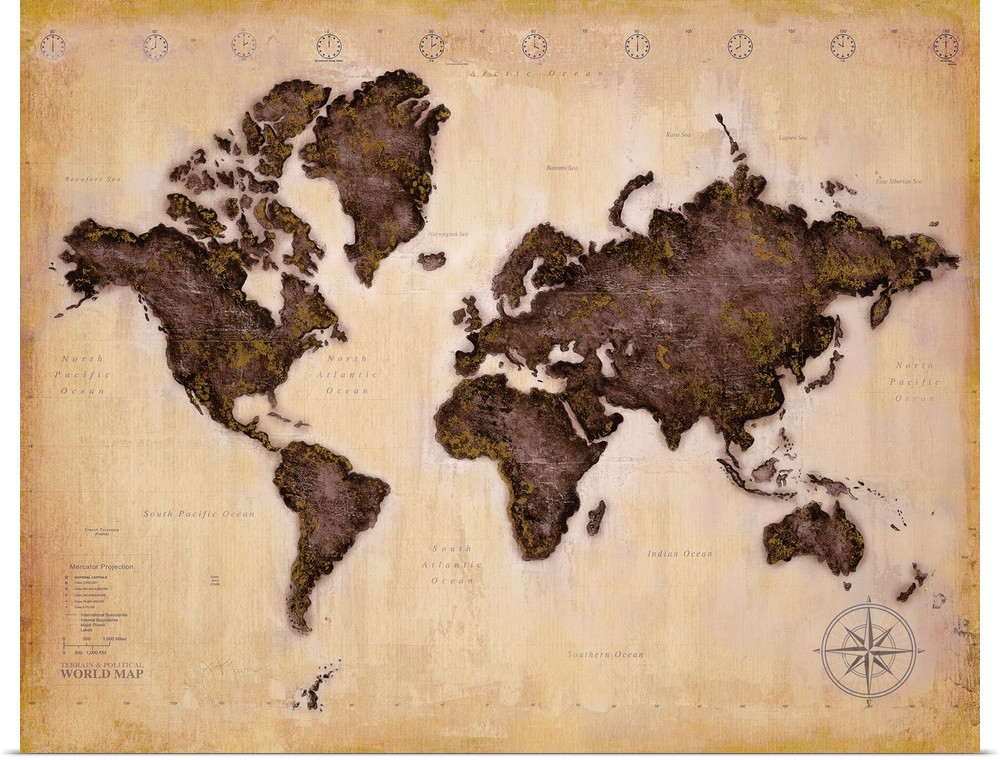 Distressed watercolor style of the world map with darker colored continents on a lighter, antique background.