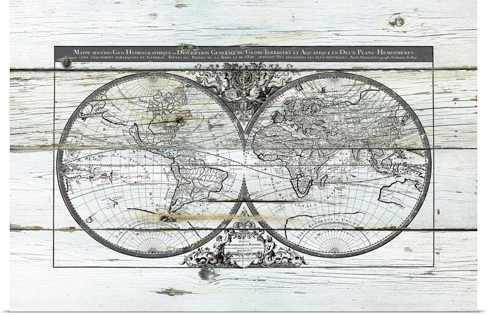 Illustration of the World Map in hemispheres on a distressed wood paneled background.