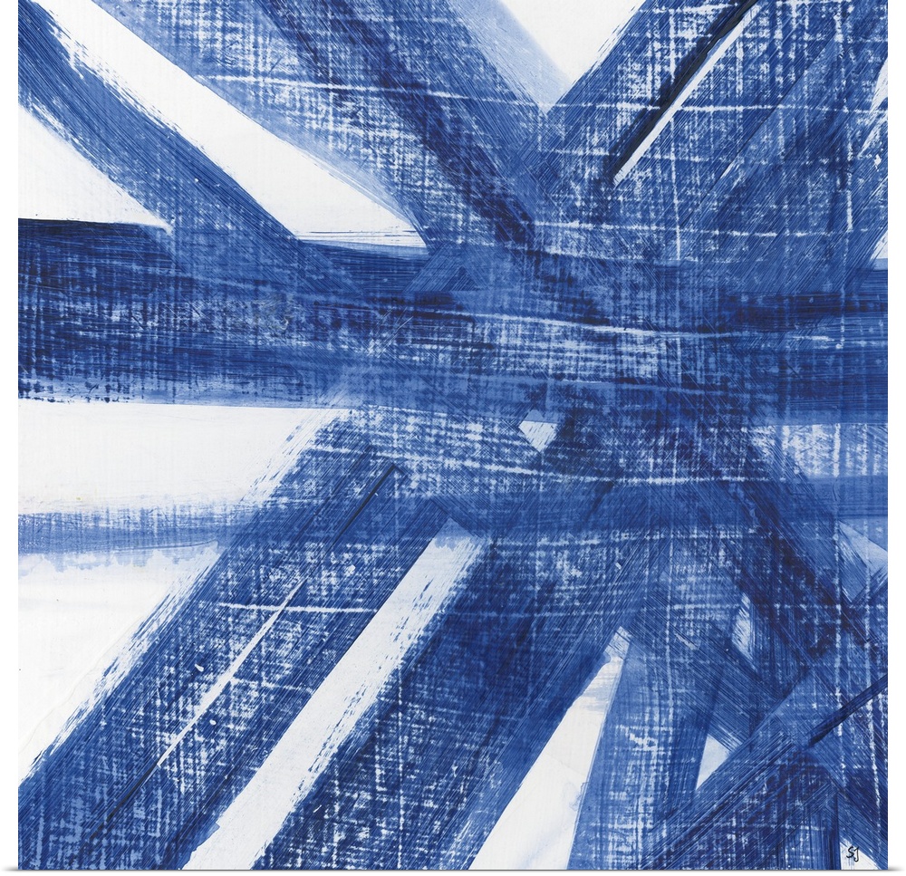 Large blue brushstrokes sweeping in all directions on a crosshatched white background.