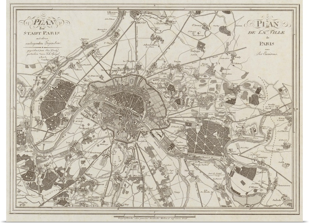 Vintage map of Paris, France from 1805.
