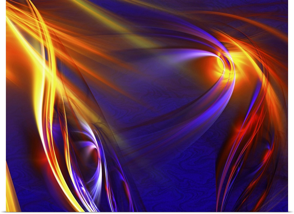 Digital abstract artwork in fiery orange swirls on dark blue.