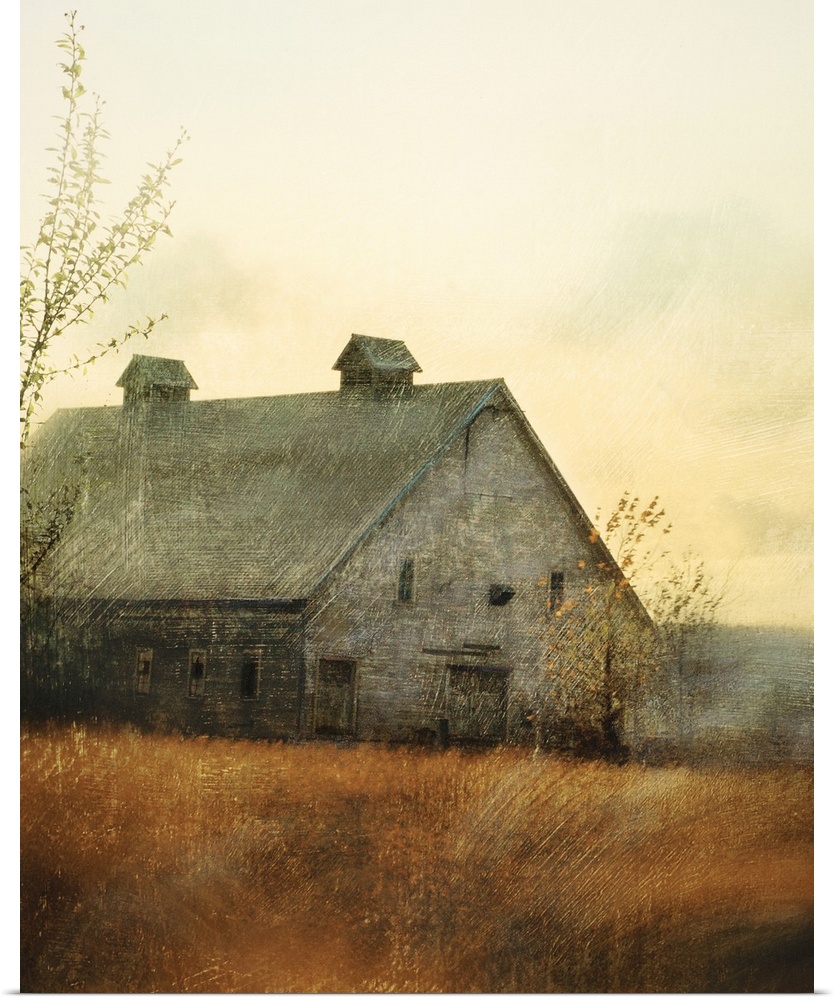 Vertical painting on a big canvas of an old barn in a golden field at sunset. Painted with streaking brushstrokes and roug...