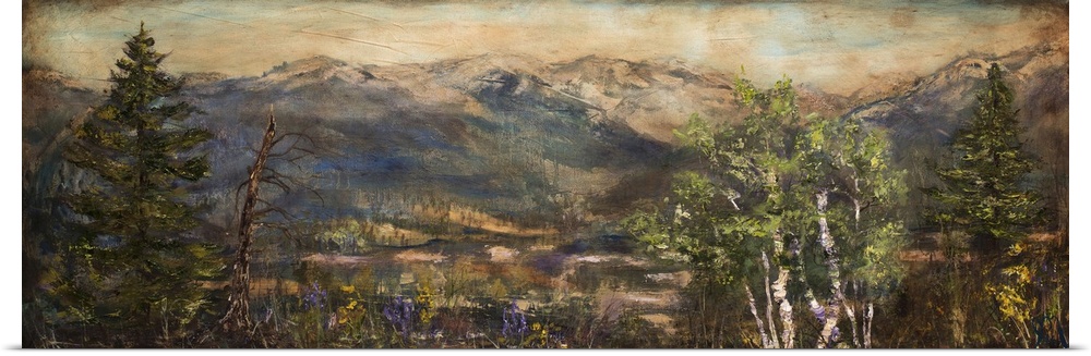 Wide painting of a mountain scene with  purple and yellow wildflowers and green trees in the foreground.