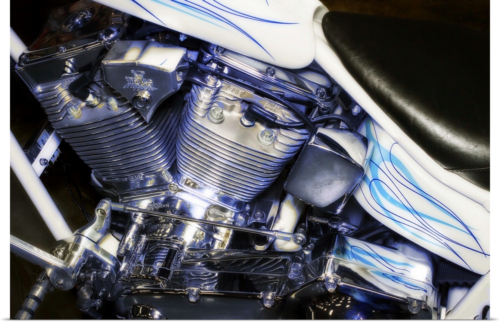 Fine art photograph of a harley davidson motorcycle, focusing on the engine.