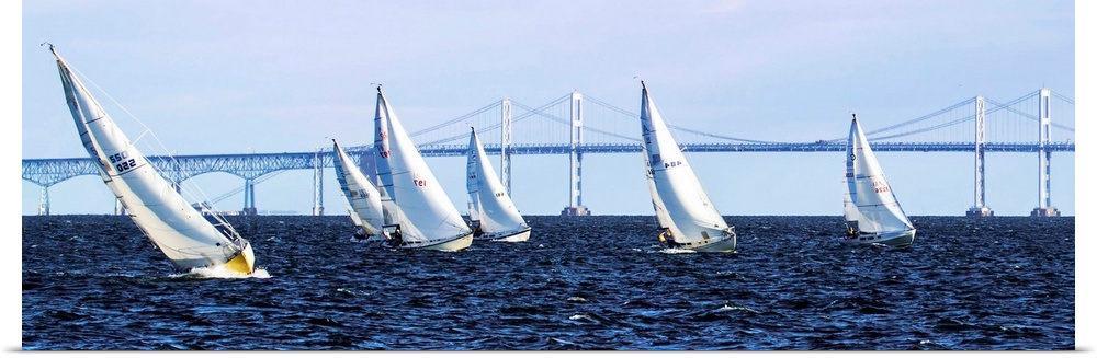 A group of sailboats on the water in front of a long bridge.