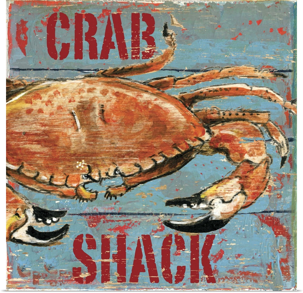 Rustic, weathered graphic depicting a crab, perfect for a seafood restaurant.