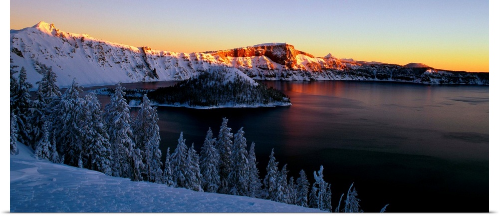 Sunset over Crater Lake in Oregon in the winter.