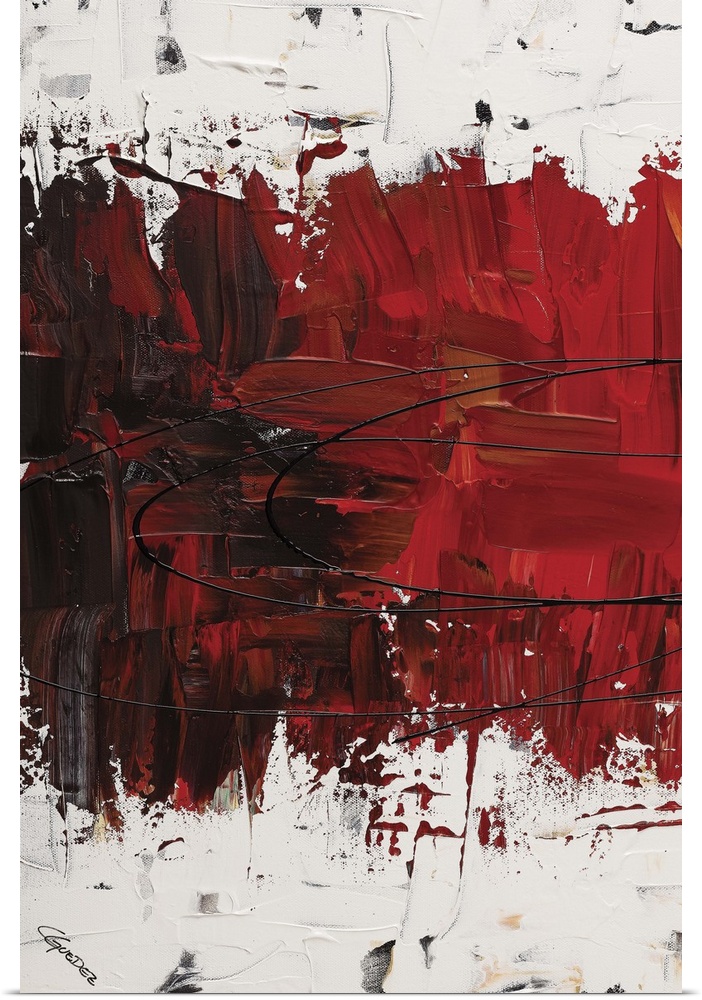 Abstract painting with thick layering and textures in a red gradient and white on the top and bottom with black markings.
