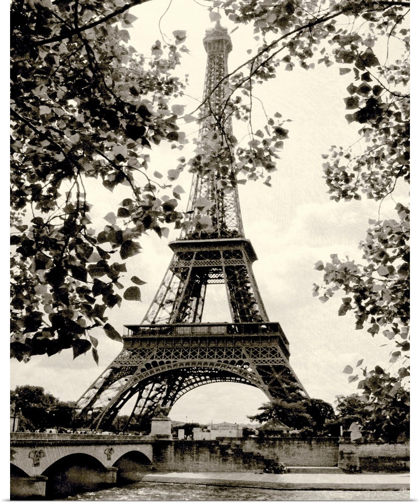 Photograph of famous Paris, France monument with lake below and tree leaves hanging in the foreground.
