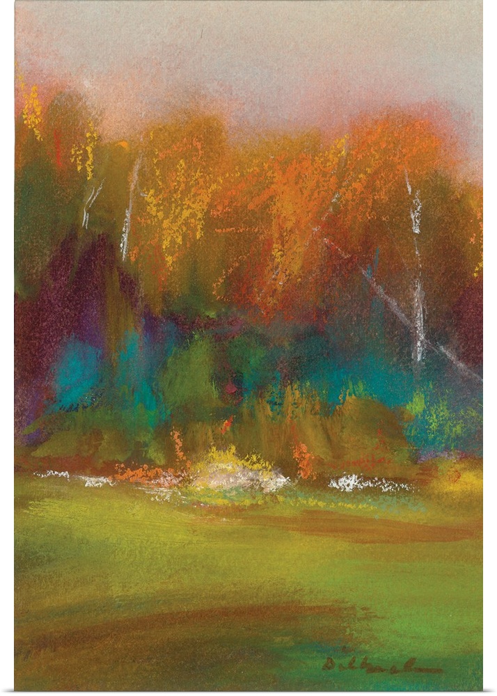 Abstract Autumn landscape painting with green, yellow, orange, purple, and blue hues.