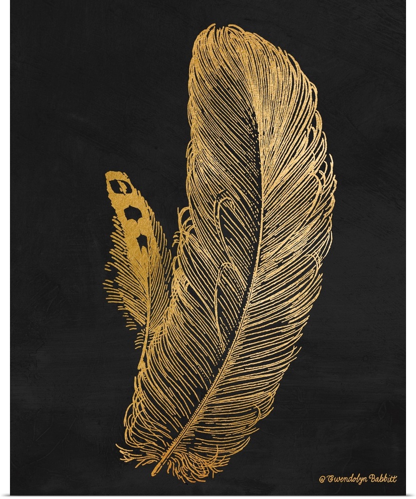 An illustration of a feather in gold over a black background.