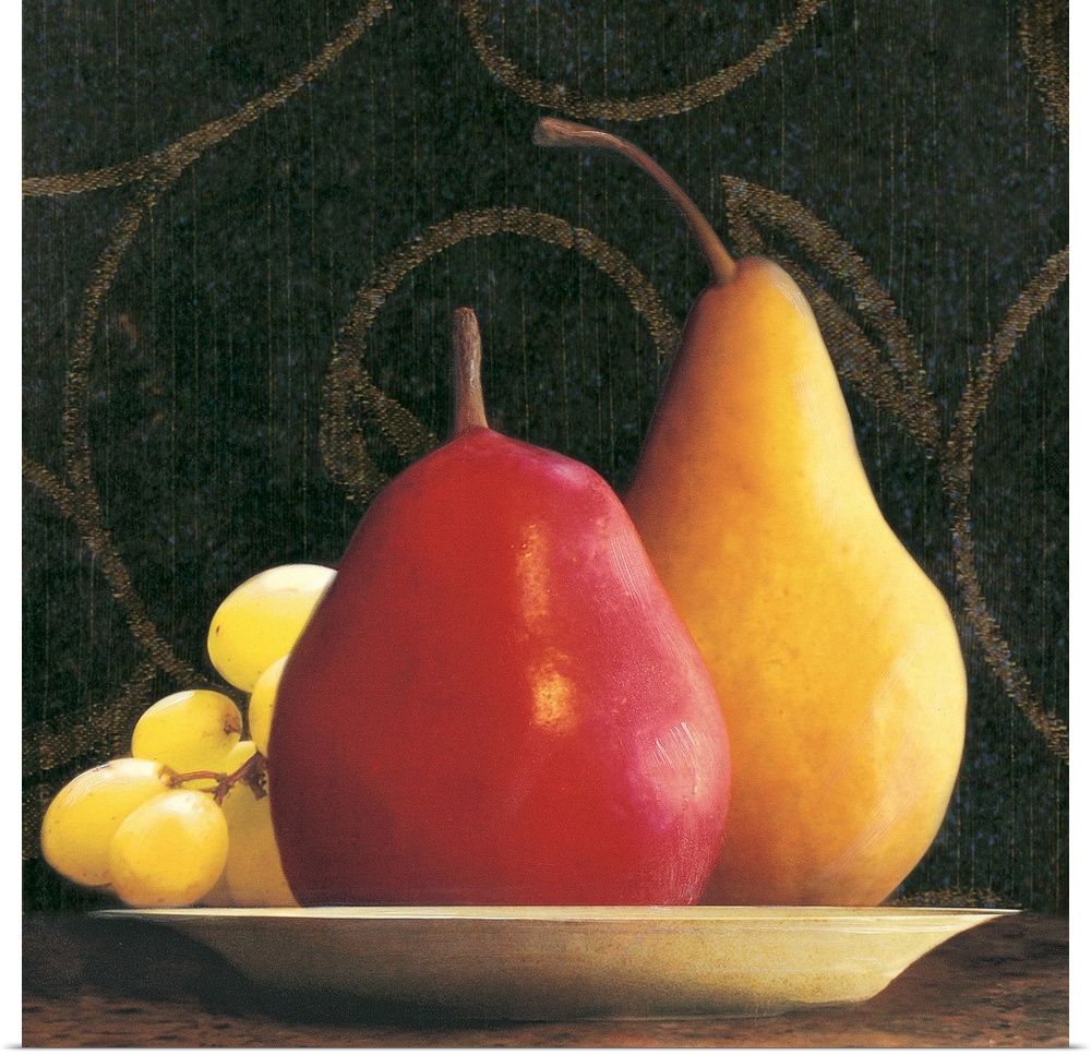 Two pears and a bunch of grapes on a plate with a wallpapered background.