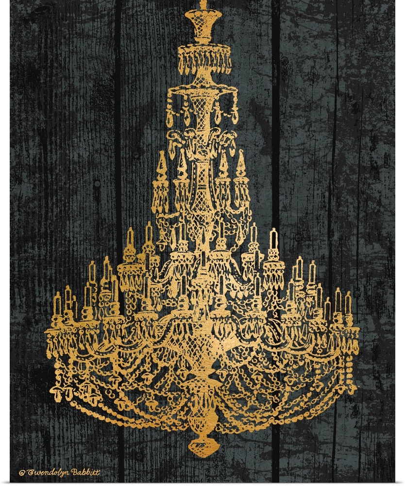 An illustration of a chandelier in gold over a black background.