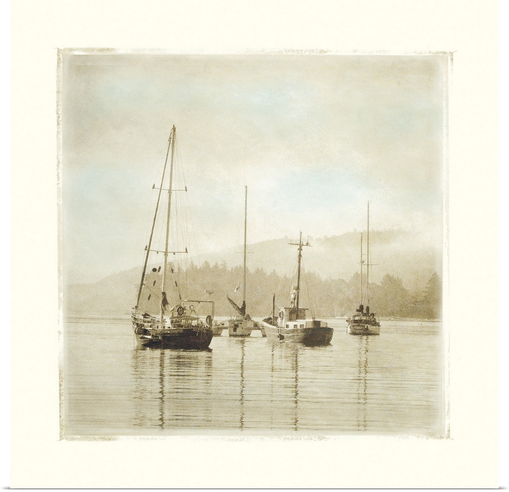 Painting of sailboats sitting calmly in the harbor waters.