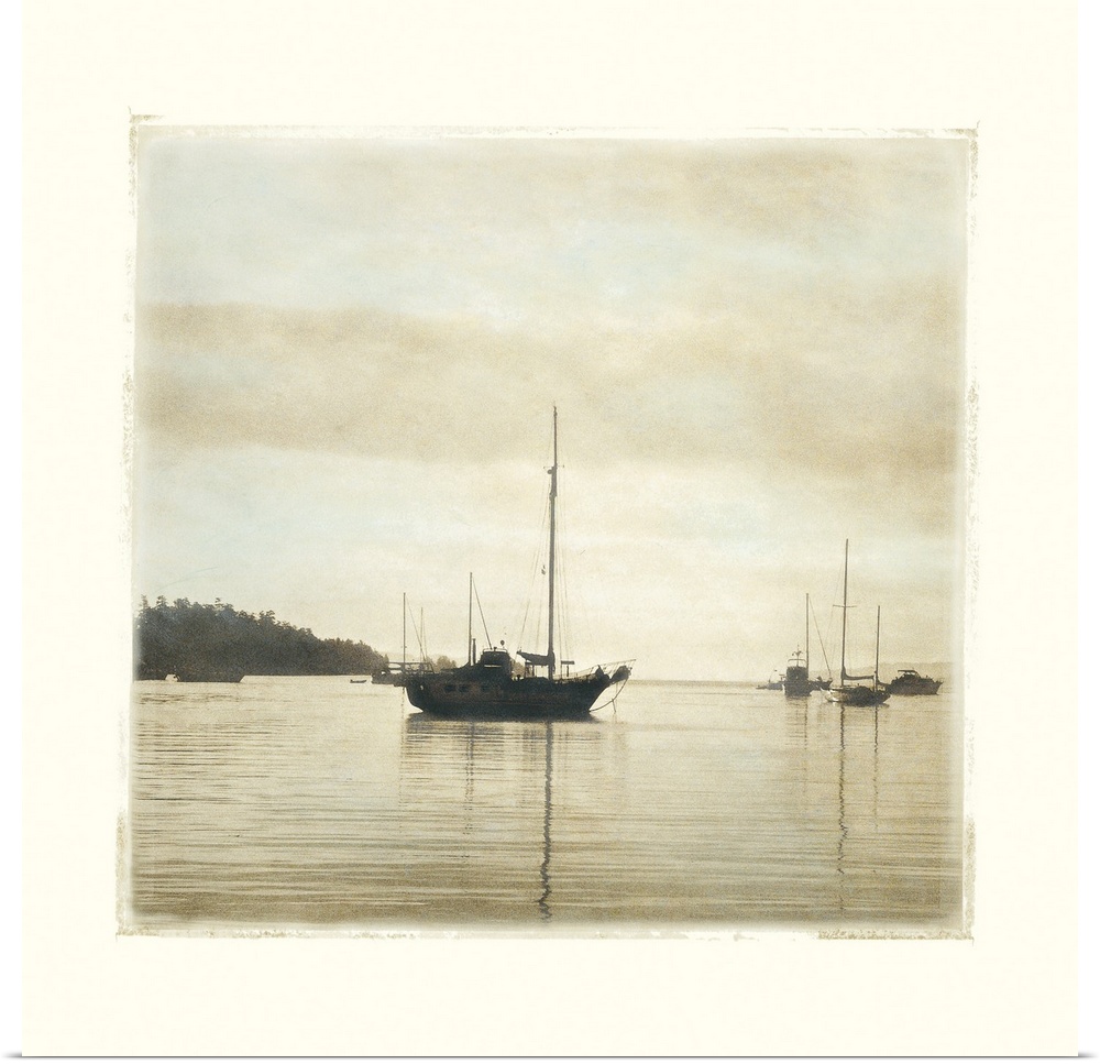 Big canvas of a square picture of boats floating in calm water.
