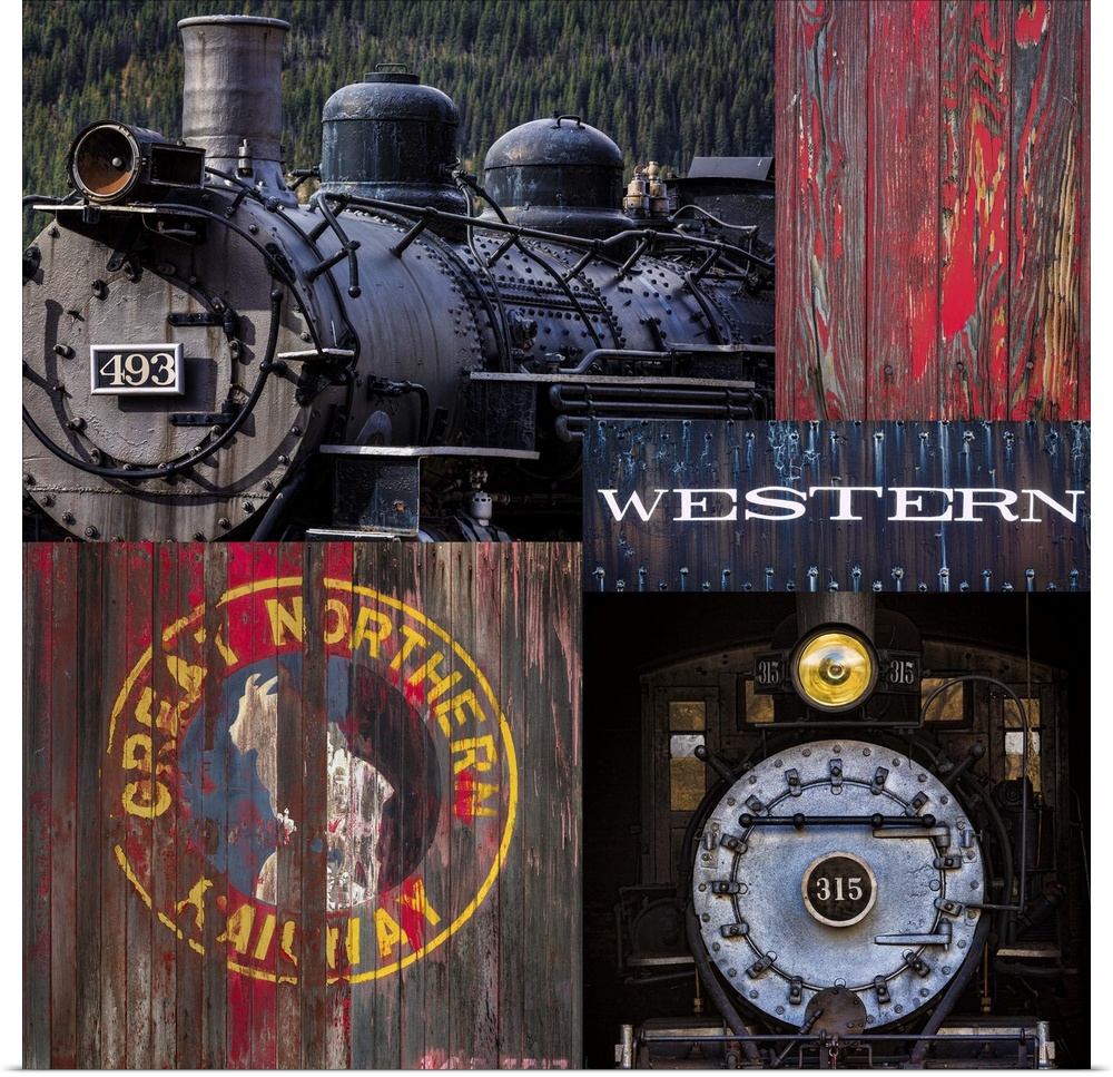 Collage of railroad themed photos including trains and weathered signs.
